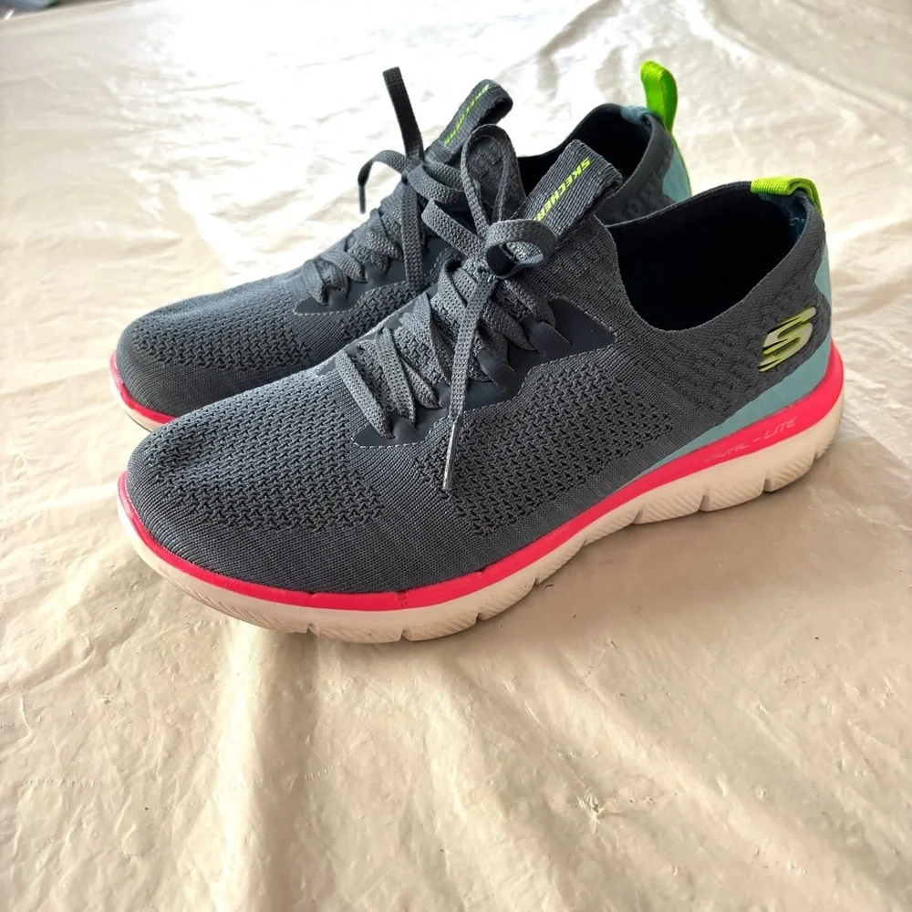 Skechers Flex Appeal 2.0 Stretch Knit Slip-On Sneakers blue pink SZ 6.5 Worn 1X
